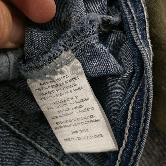 WallFlower Girls Hooded Denim Jean Jacket Blue Green Camo Large Layered Look - Picture 9 of 12